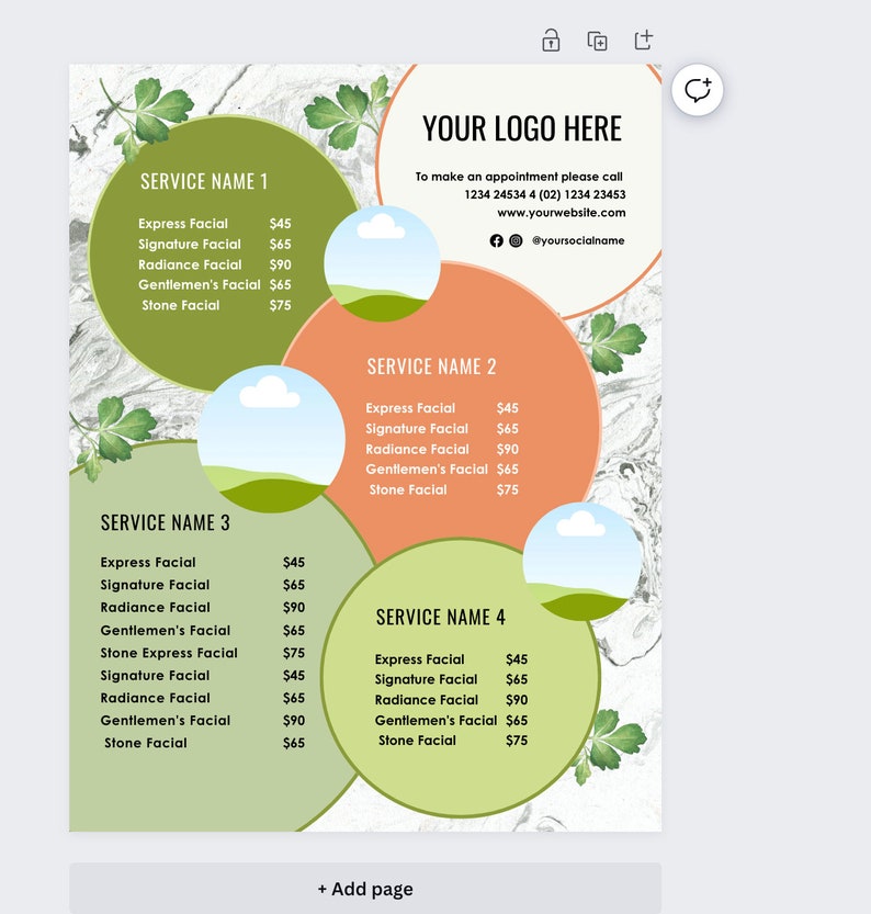 May include: A price list for facial services with four different service names. The price list is on a background with a marble pattern and green leaves. The text "YOUR LOGO HERE" is at the top of the price list.