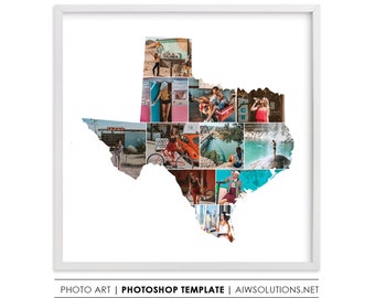 Texas Karte Storyboard Vorlage, Texas Fotocollage Kunstkarte, Texas Reise Geschenkidee, Texas Karte Fotocollage, Photoshop Rahmen des US Bundesstaates Texas