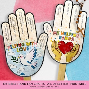 以下が含まれることがあります： インスピレーションを与えるメッセージが書かれた、手の形をした2つの扇子。片方にはオリーブの枝を持った鳩と「Helping with Love」の文字が描かれています。もう片方にはハートとともに「My Helping Hands」と書かれています。どちらにも聖書の言葉が書かれています。