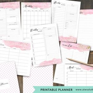 Wochenplaner, Tagesplaner, Monatsplaner, stündliche Planer, Mahlzeit Planer, Notiz, liste zu tun, rosa Aquarell und gold Glitzer, Jpg-Dateien