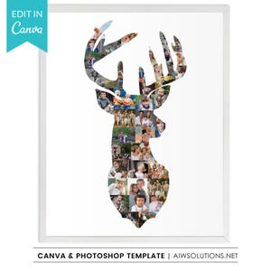 Pode incluir: Um modelo de colagem de fotos digital em forma de silhueta de cabeça de veado, com vários espaços retangulares para imagens dispostos para formar a galhada e a cabeça do animal, sobre um fundo branco com um banner turquesa Edit in Canva.