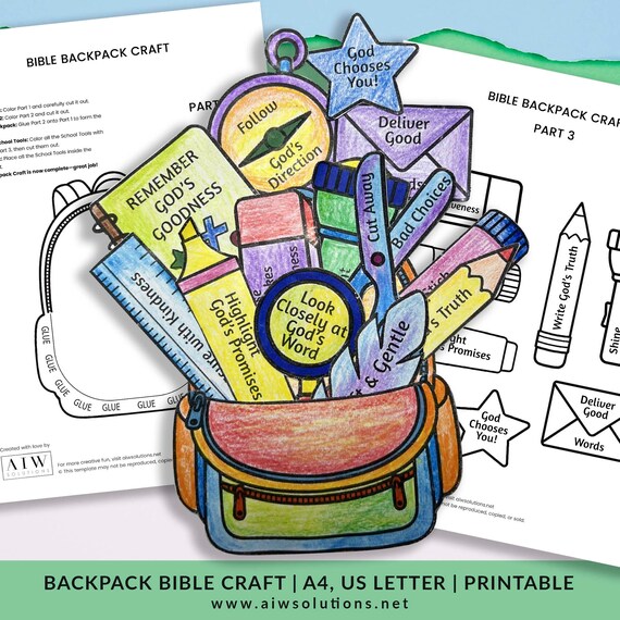 Backpack bible craft, christian printable for kids, sunday school craft, kids bible activity, christian craft printable, VBS craft