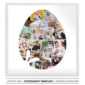 May include: A white Easter egg shape filled with photos of children and families. The photos are arranged in a collage style, with some photos overlapping. The photos are all in colour and show a variety of happy moments.