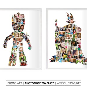 May include: Two framed photo art pieces. One is a Groot silhouette filled with children's photos. The other is a silhouette of a witch, also filled with children's photos. Both are set against a white background.