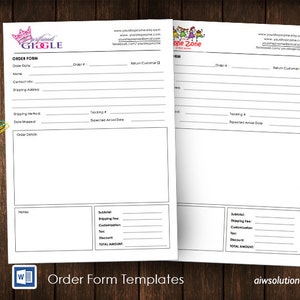 May include: A black and white order form template with the text "Girlfriends Giggle" and "Giggle Zone" at the top. The form includes fields for order details, shipping information, and order totals.