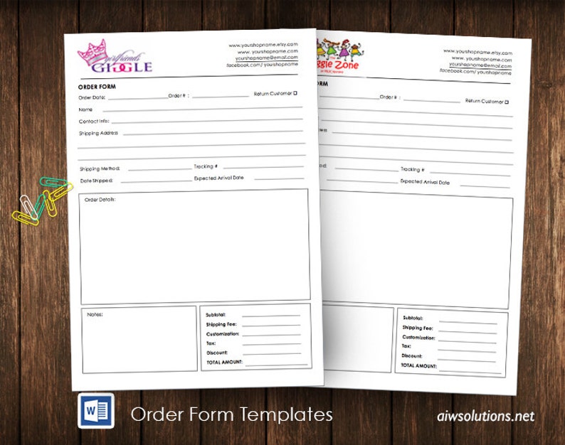 May include: A black and white order form template with the text "Girlfriends Giggle" and "Giggle Zone" at the top. The form includes fields for order details, shipping information, and order totals.