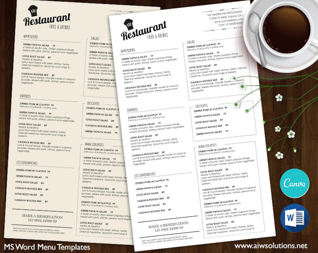 Printable Restaurant Menu Template, Editable Canva & MS Word (US Letter ...