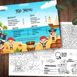 Menu per bambini con attività dei pirati, tovagliette per attività per bambini per ristoranti, menu per bambini di Pirate Quest, menu per bambini ricchi di avventure