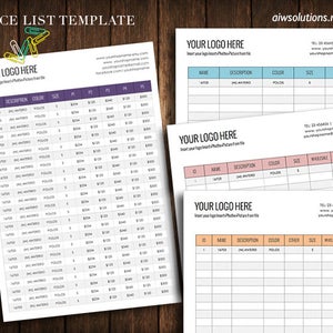 May include: A price list template with three different layouts. Each layout has a space for a logo, contact information, and a table with columns for product information, including name, description, color, size, wholesale price, and retail price.