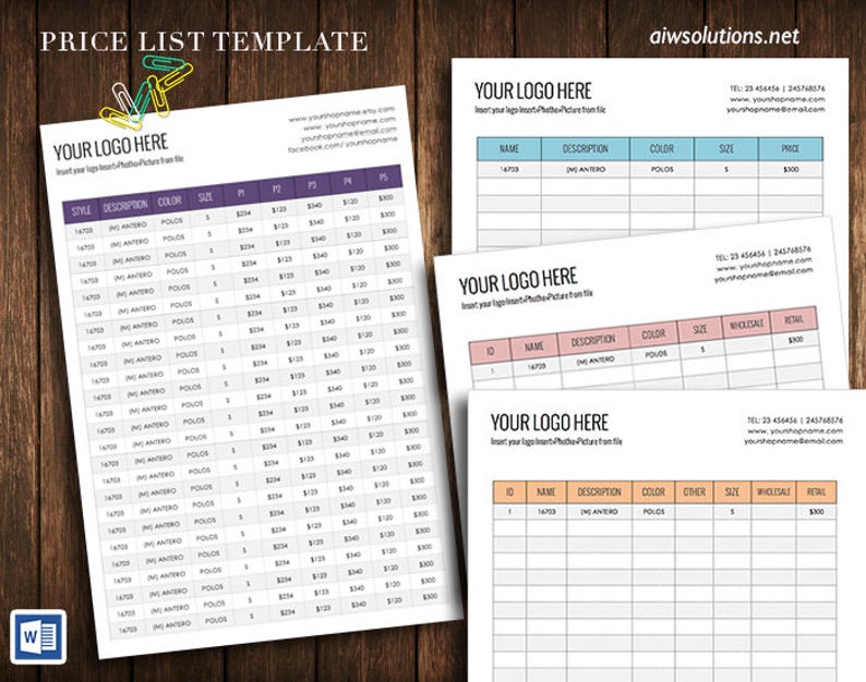 May include: A price list template with three different layouts. Each layout has a space for a logo, contact information, and a table with columns for product information, including name, description, color, size, wholesale price, and retail price.