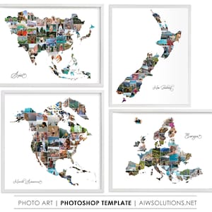 Fotocollage van Europa, fotocollage op kaart van Noord-Amerika, fotocollage op kaart van Azië, fotocollage op kaart van Nieuw-Zeeland, fotocollage op woordkaart