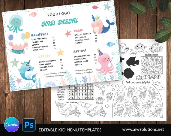 Cute Kid Menu With Sea Animals,Kid’s Activity Placemats For Restaurants,Ocean life kid menu template,Coastal wildlife kid menu