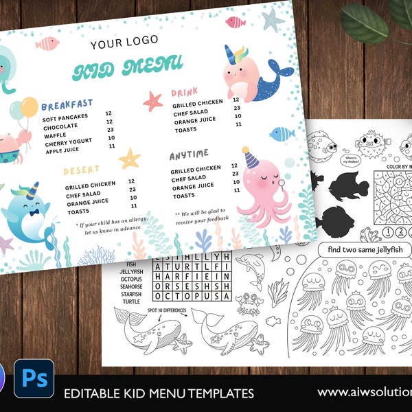 Cute Kid Menu With Sea Animals,Kid’s Activity Placemats For Restaurants,Ocean life kid menu template,Coastal wildlife kid menu