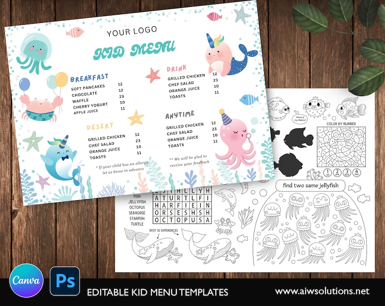 Puede incluir: Una plantilla de men&uacute; para ni&ntilde;os imprimible con un tema n&aacute;utico. El men&uacute; presenta ilustraciones de narval, pulpo y medusa. El men&uacute; incluye opciones para el desayuno, bebidas, postre y en cualquier momento. La parte posterior del men&uacute; presenta una actividad de colorear por n&uacute;meros, una b&uacute;squeda de palabras y una actividad de encontrar dos medusas iguales.