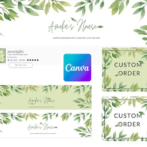 Puede incluir: Una maqueta digital de una pancarta de redes sociales para una tienda llamada "Ameki's House" que vende regalos hechos a mano personalizados. La pancarta presenta un diseño de hojas verdes en acuarela y el texto "REGALOS HECHOS A MANO PERSONALIZADOS | HECHOS CON AMOR | EST 2010".