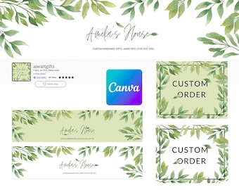 Etsy Banner, Etsy Cover Photo, Etsy Branding Kit, Etsy Template, natural banner, watercolor green leaf, Shop Icon, Canva template