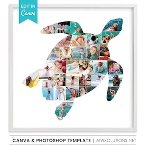 Könnte beinhalten: Ein quadratischer weißer Rahmen mit einer Fotocollage in Form einer Meeresschildkröte. Die Collage besteht aus zahlreichen kleinen, rechteckigen Fotos von Personen in verschiedenen Umgebungen. Ein blaues Banner oben links zeigt EDIT IN Canva.