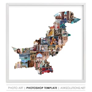 Può includere: Un collage fotografico del Pakistan a forma di contorno del paese. Il collage è composto da molte foto diverse di persone, luoghi e cose del Pakistan.