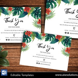 Cartões de agradecimento de flor e folha verde, cartões de agradecimento, cartão de agradecimento para loja on-line, cartão de folha tropical, estilo botânico