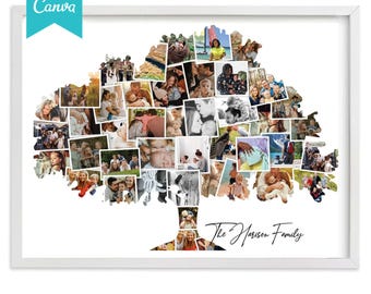 Big family tree photo collage with the Polaroid frames, birthday gift idea, family tree art template, family art photo collage template