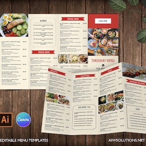 Plantilla de menú para llevar, plantilla de menú cuádruple de Canva, plantilla de menú de restaurante, diseño de menú plegable, menú de 4 paneles