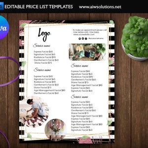 Canva product price list, Canva colourful Pricing guide, Canva menu List,  Canva Services Menu, Canva nail salon list, hair salon Menu list,