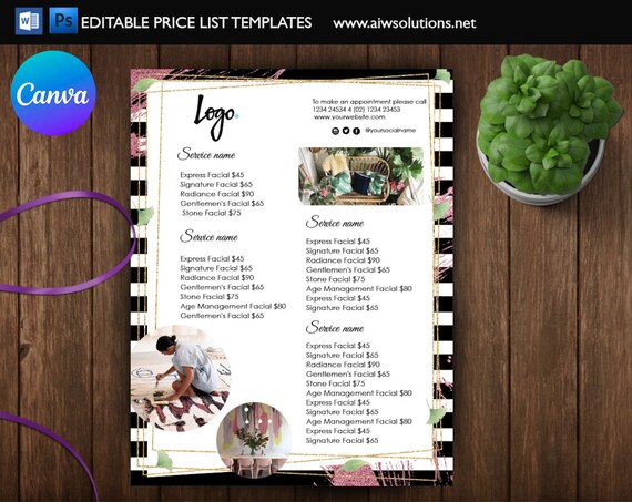 Canva product price list, Canva colourful Pricing guide, Canva menu List,  Canva Services Menu, Canva nail salon list, hair salon Menu list,
