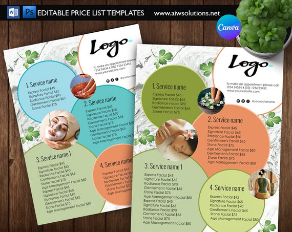 Canva spa price list,Spa Menu,Beauty Services price list,Hair Salon Menu, Nail Salon Menu,Makeup Services menu,Bridal Services price list
