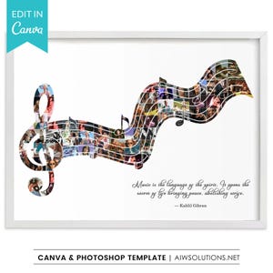 May include: A white framed wall art print featuring a treble clef shape composed of a photo collage. Below the musical symbol, the text reads: Music is the language of the spirits. It opens the secret of life bringing peace, abolishing strife. — Kahlil Gibran.