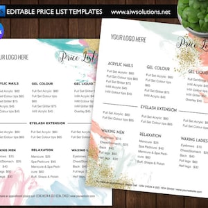Przewodnik cenowy Canva, szablon listy cen Canva, menu specjalne, ulotka cenowa, cennik usług kosmetycznych, cennik fotografii, menu spa Canva