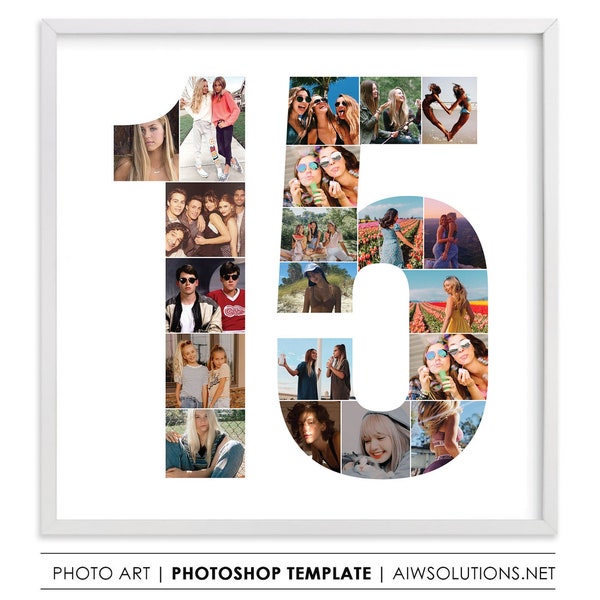 number 15 photo collage template,number fifteen shape ,custom number photo collage, 15 year olds birthday gift idea