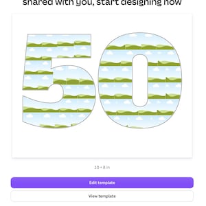 May include: A digital graphic template featuring the number 50 filled with a repeating pattern of green hills and white clouds against a blue sky. The text reads A template created by AIWSolutions.net was shared with you, start designing now.