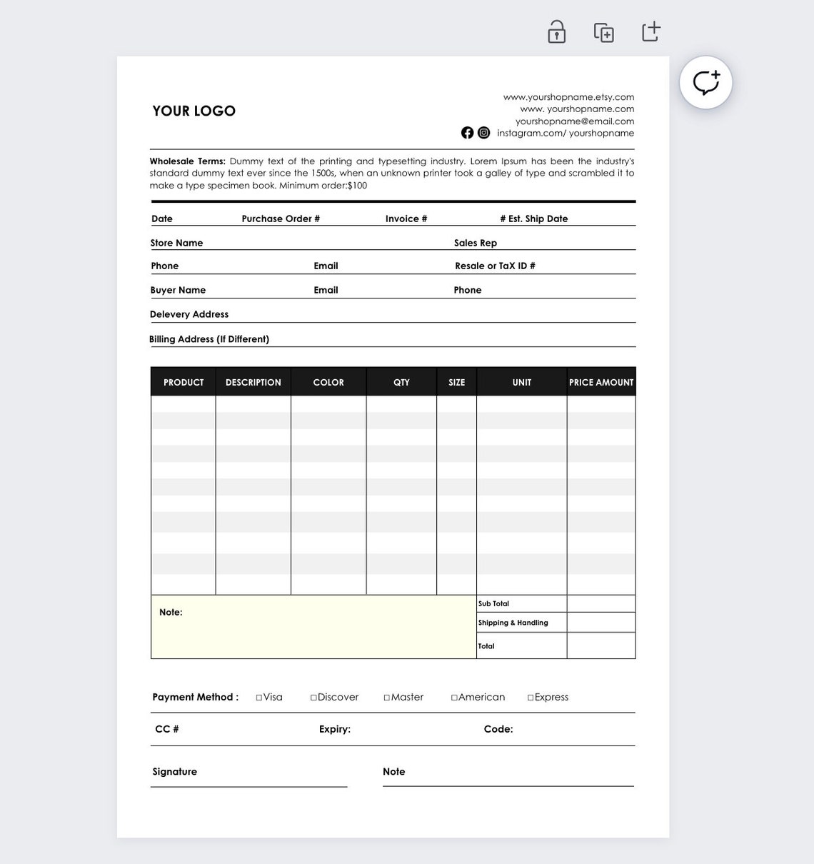 Order Form and Price Sheet on One Page and 2 Pages, Wholesale Order ...
