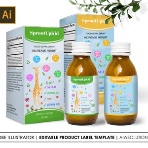 Puede incluir: Una caja azul y blanca con una ilustración de jirafa y el texto "SproutUpKid" en la parte delantera. La caja contiene un suplemento alimenticio para niños. El suplemento se presenta en dos botellas de vidrio ámbar con tapas blancas y etiquetas que dicen "SproutUpKid".