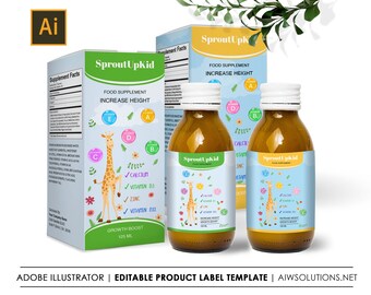 Kids Height Supplement Packaging, Kids Growth Supplement Design,Kids Supplement Labels, Supplement Packaging Template, Product Packaging