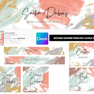 May include: Editable banner template for Canva featuring a watercolour background with gold glitter accents. The text "Sacha Dubois" is written in a cursive font and the text "BOHO & MINIMALIST JEWELRY" is written in a sans-serif font. The banner template includes the text "Custom Order" and "Rush Order".