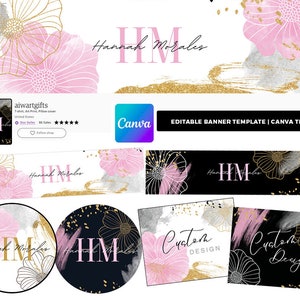 May include: Editable banner template for Canva with a pink and gold floral design. The text "Hannah Morales" and "HM" are featured on the banner. The template includes a variety of design elements, including floral patterns, gold glitter, and watercolor textures.