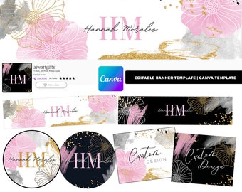 pink water color and gold glitter Canva template, branding kit template, Etsy Shop Banner,website banner, Blog header