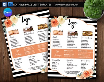 Canva spa Price List,Day Spa Menu, Massage price list, Hair service list, salon service template,canva template,nail salon template