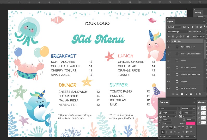 Puede incluir: Un men&uacute; infantil colorido con un dise&ntilde;o de tem&aacute;tica marina. El men&uacute; ofrece una variedad de opciones para el desayuno, el almuerzo, la cena y la cena, con los precios indicados junto a cada art&iacute;culo. El men&uacute; est&aacute; decorado con im&aacute;genes de dibujos animados de un cangrejo, una medusa y una narval.