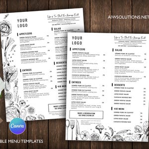 Plantillas de menú vintage de Canva, plantilla de menú de restaurante, plantilla de menú de restaurante vegetariano, diseño de menú vegetariano moderno
