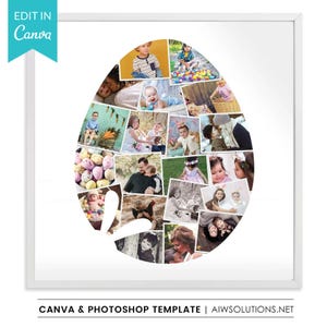 Può includere: Una cornice quadrata bianca contenente un collage di foto disposte a forma di uovo. Il collage presenta numerose fotografie individuali di bambini e famiglie in vari contesti, tra cui scene all'aperto, ritratti e temi festivi.