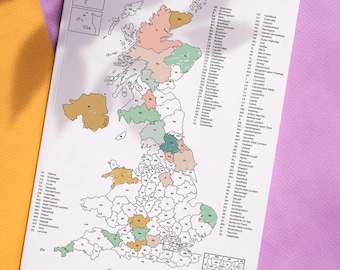 May include: A printable map of the United Kingdom with a list of cities and towns. The map is divided into regions, each with a different color. The map is titled "My Adventures" and includes the text "Places I've Been".
