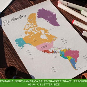Bewerkbare Canva-verkoopkaart voor Noord- en Zuid-Amerika kleurplaat, roadtripkaart, reiskaarttracker, zakelijke verkoopkaart, verkoopkaart tracker