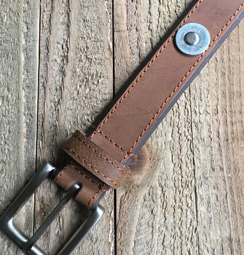 Mens Brown Leather Shotgun Shell Accented Belt Fathers Day, Groom, Best