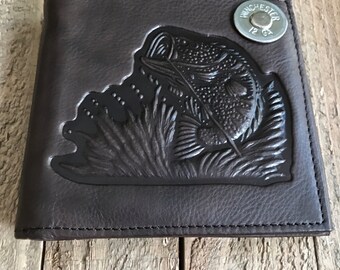 Mens dark brown fish & shotgun shell wallet~ mens fashion, dad, brother, husband, anniversary, groom, wedding, best man, gifts, wallets!