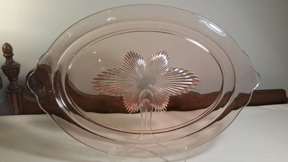 Large Pink Depression Glass Oval Star Pattern Platter Tray Etsy