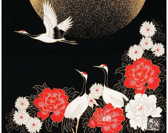 Bird Furoshiki: "Cranes with Peony and Moon", 20” Japanese Durable Square Cotton Fabric/Cloth for Tapestry, interior, Cover and Eco-Wrapping