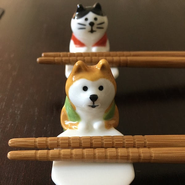 Cat and Dog (Shibainu) Chopstick Rests:Cutlery Rests, Brush Holder, Pen Rest, Miniature Animal Ceramic Figurine I Table Decoration and Gift