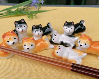 Dog (Shiba Inu) Chopstick Rests: Cutlery Rest, Brush Holder, Pen Rest, Miniature Animal Ceramic Figurine I Desktop Decoration and Gift